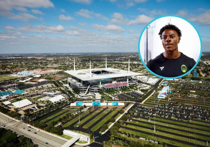 Hard Rock Stadium in Miami with the photo of a man's head overlaid