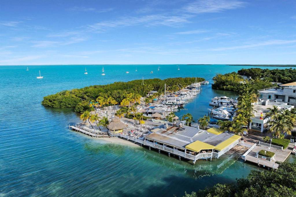 Aerial view of a waterfront restaurant in the Florida Keys