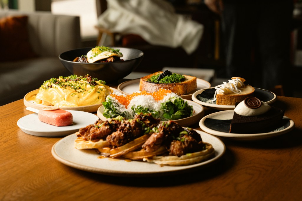 an assortment of dishes on ceramic plates