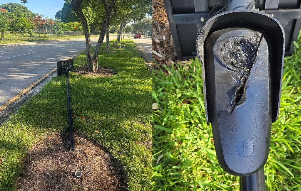 two photos of disfigured black Flock cameras anchored in a green lawn