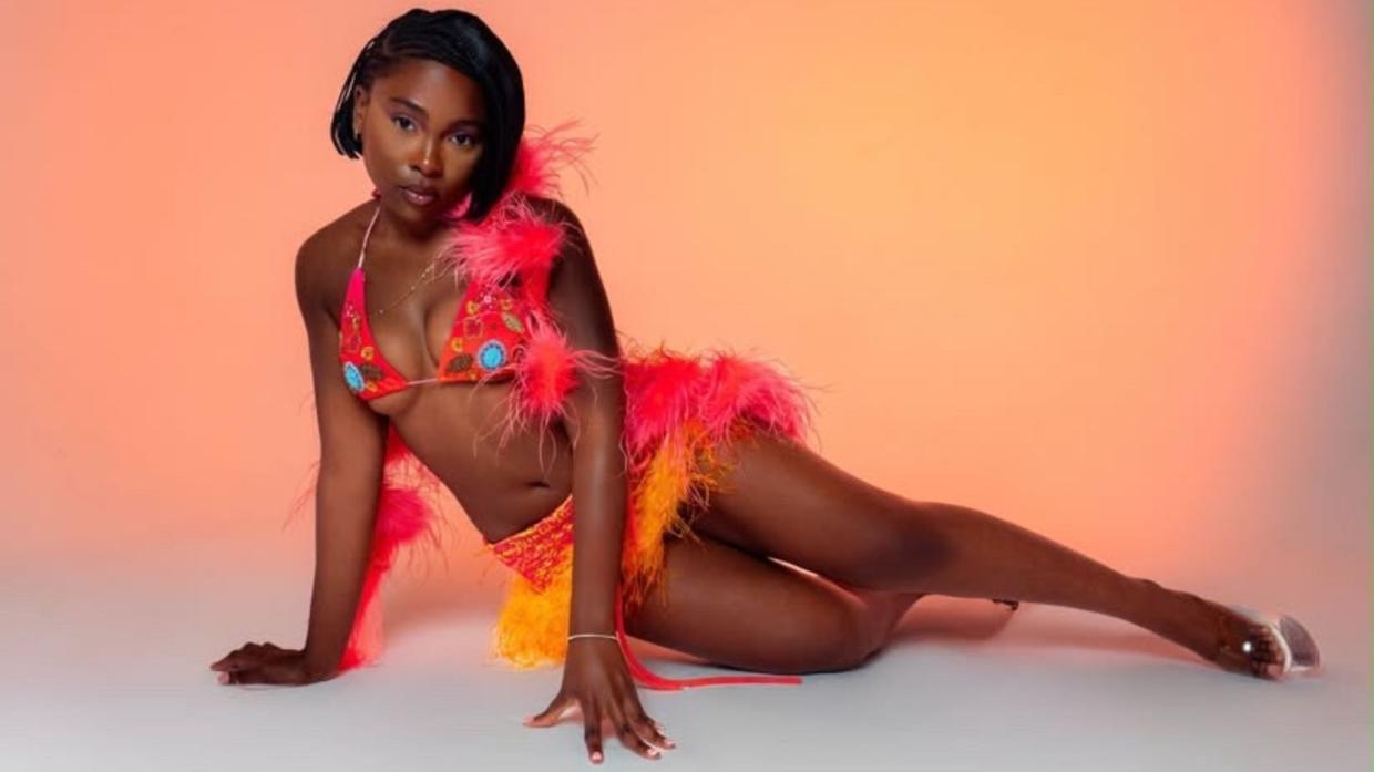 Photo of a woman wearing a pink bikini top, and a skirt with feathers.