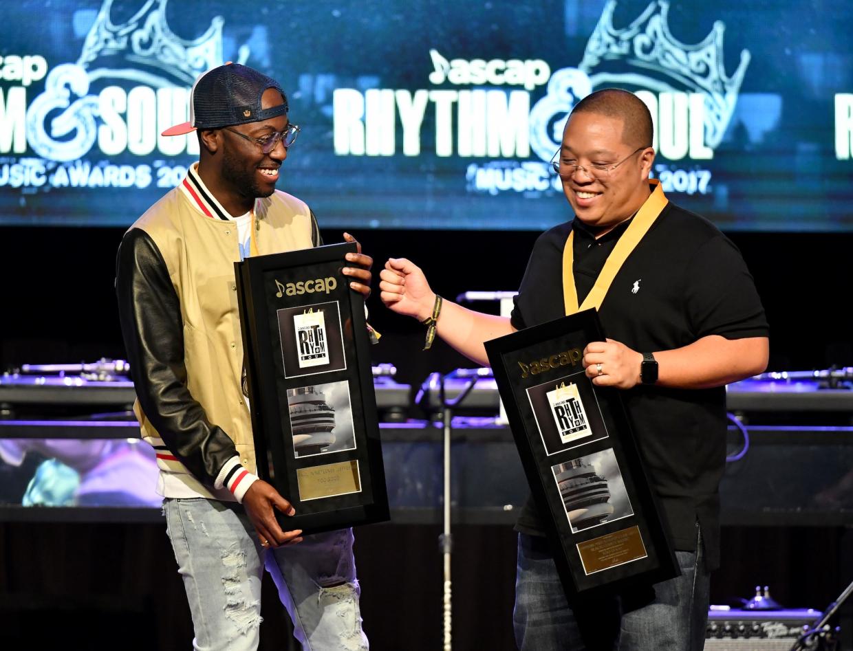 Photo of at the ASCAP 2017 Rhythm and Soul Music Awards at the Beverly Wilshire Four Seasons Hotel on June 22, 2017 in Beverly Hills, California. Showing two men on stage receiving awards .