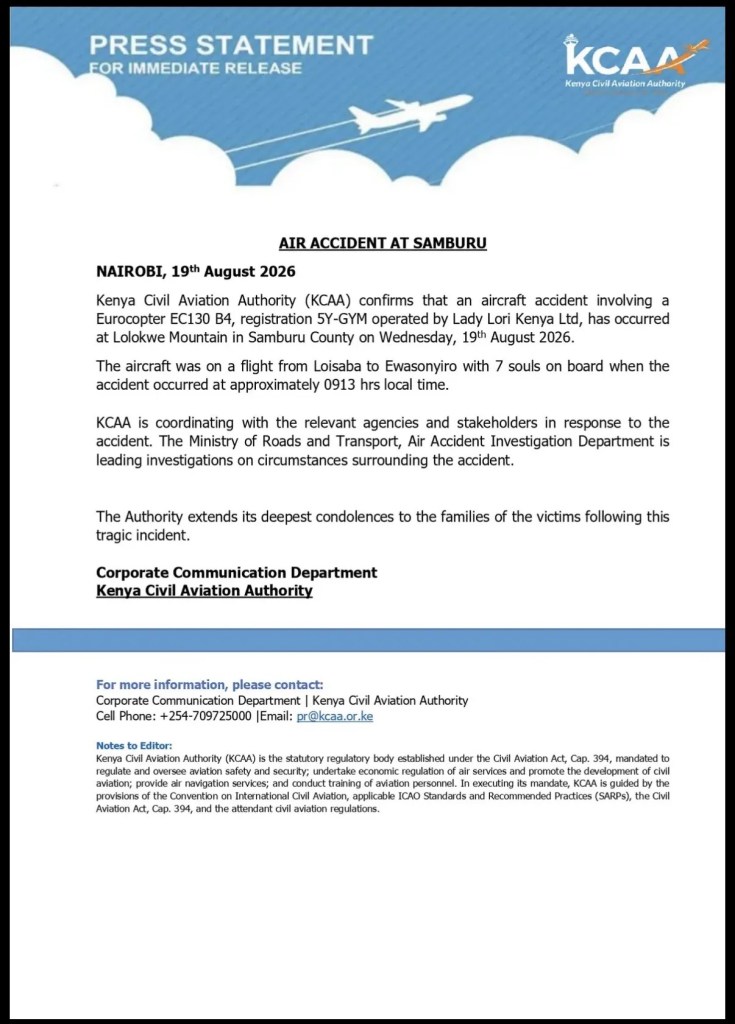 A press release about a helicopter crash in Kenya
