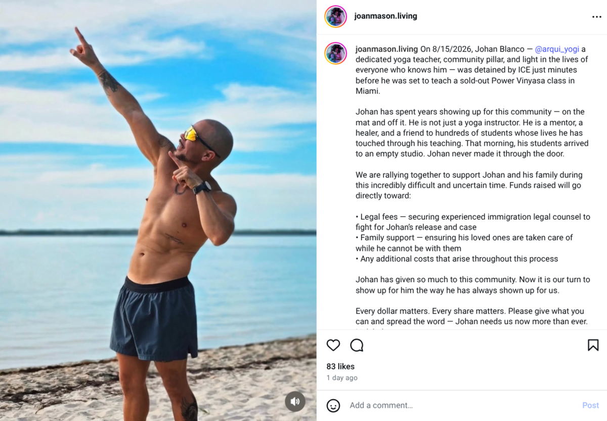 A screenshot of an Instagram post showing a shirtless man posing and pointing to the sky.