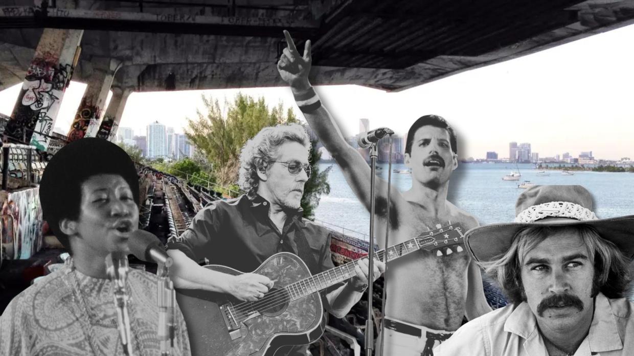 Collage of the Miami MArine stadium with Freddie Mercury, Jimmy Buffett, Aretha Franklin