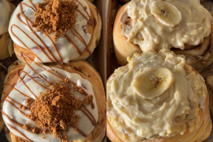 A photo collage of cinnamon rolls.