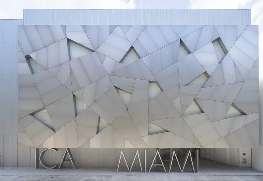 chrome facade of a museum with a sign reading, "ICA Miami"