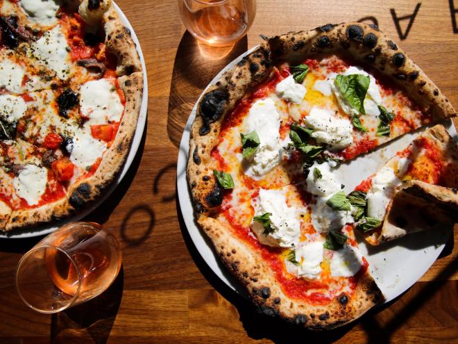 Pizza on wood table