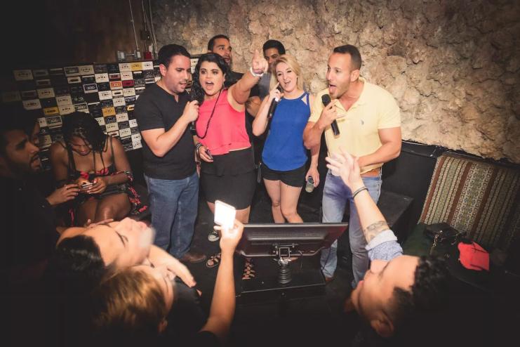 Picture of a group of people singing Karaoke .
