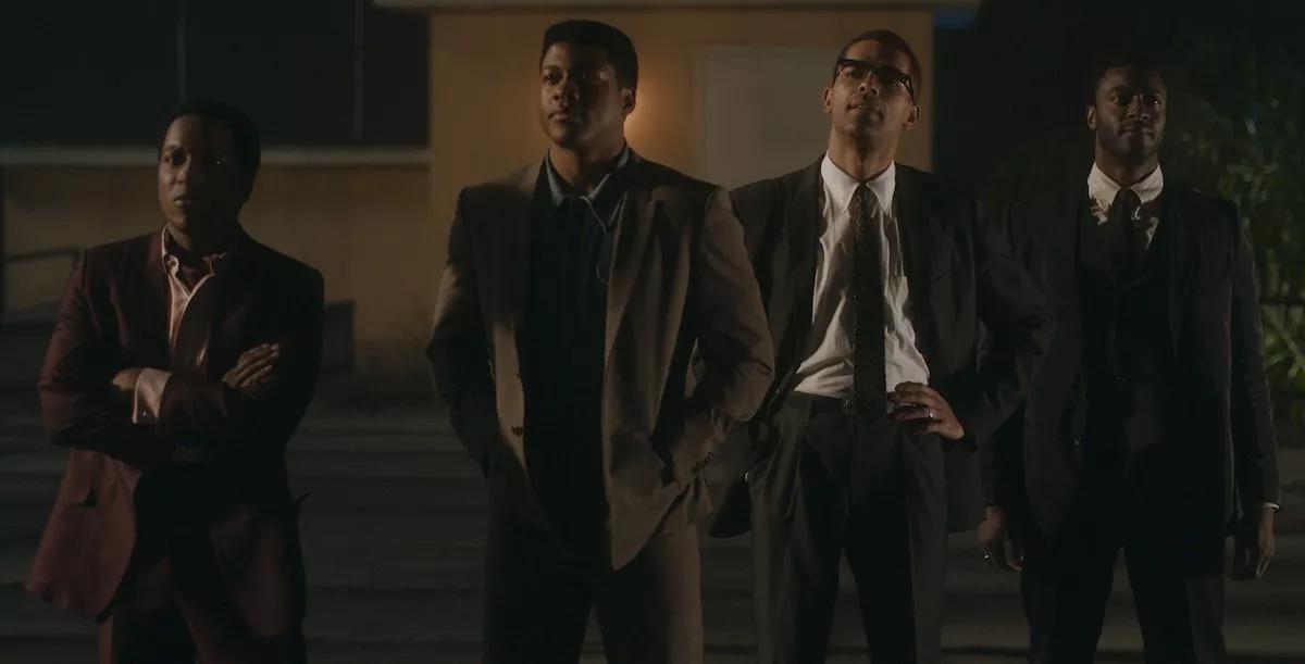 film still of Leslie Odom Jr. (left), Eli Goree, Kingsley Ben-Adir, and Aldis Hodge in One Night in Miami