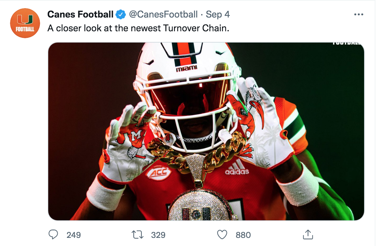 Miami Hurricanes Debut New Turnover Chain Only to Put It Away