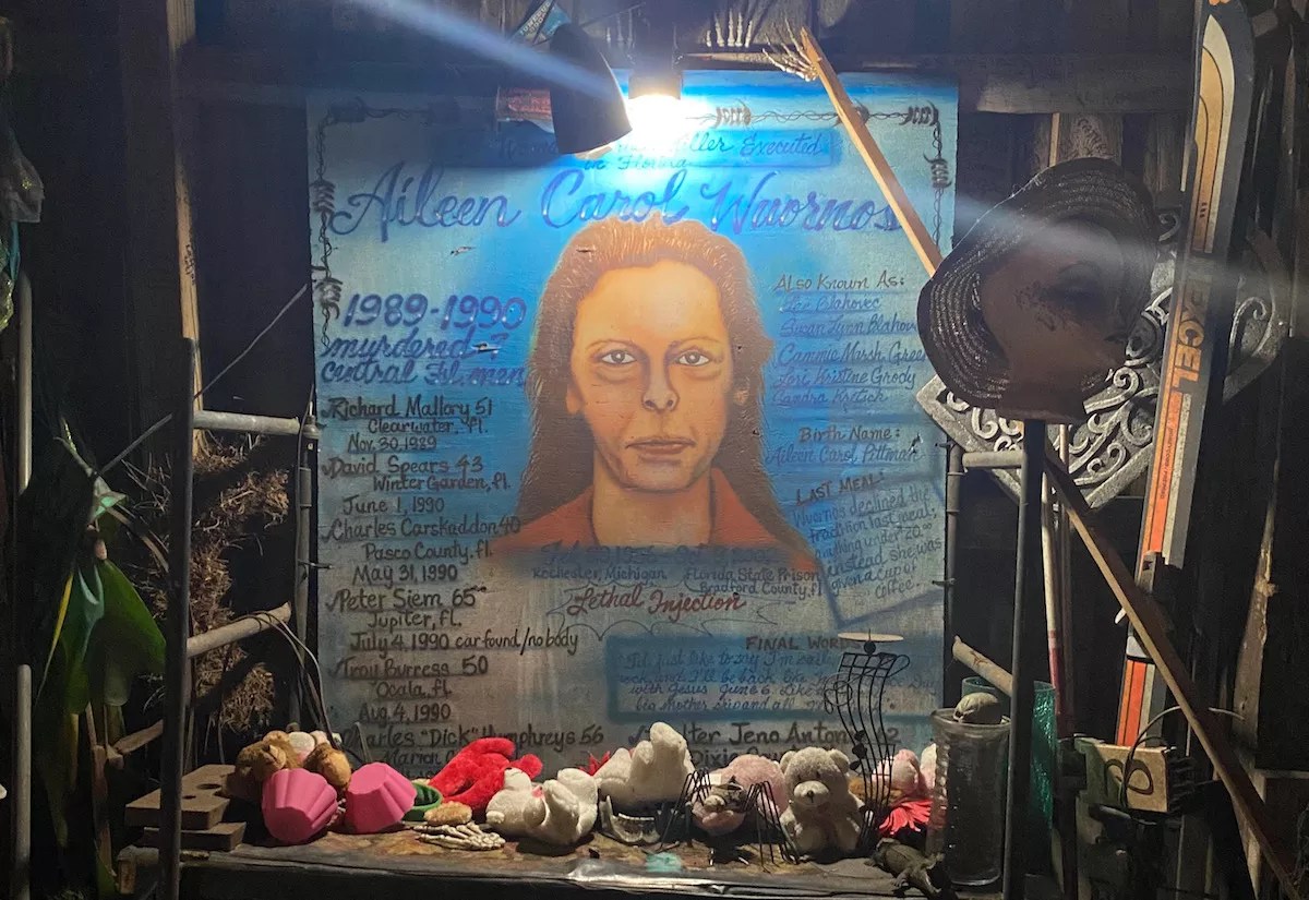 An airbrushed portrait of Aileen Wournos, a woman who killed seven men.