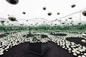 photo of a mirrored room filled with chrome balls