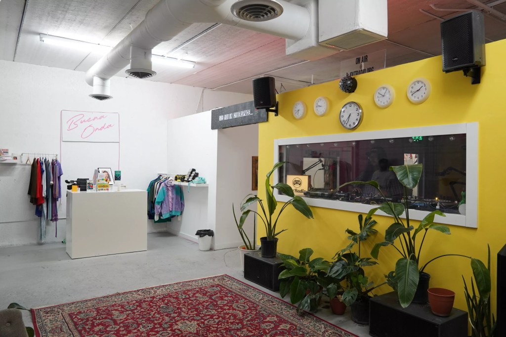 The interior of a radio station.  