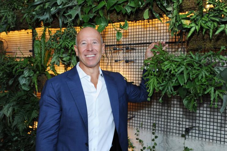 a bald man, wearing a white shirt and blue jacket, stands in front of a plant wall