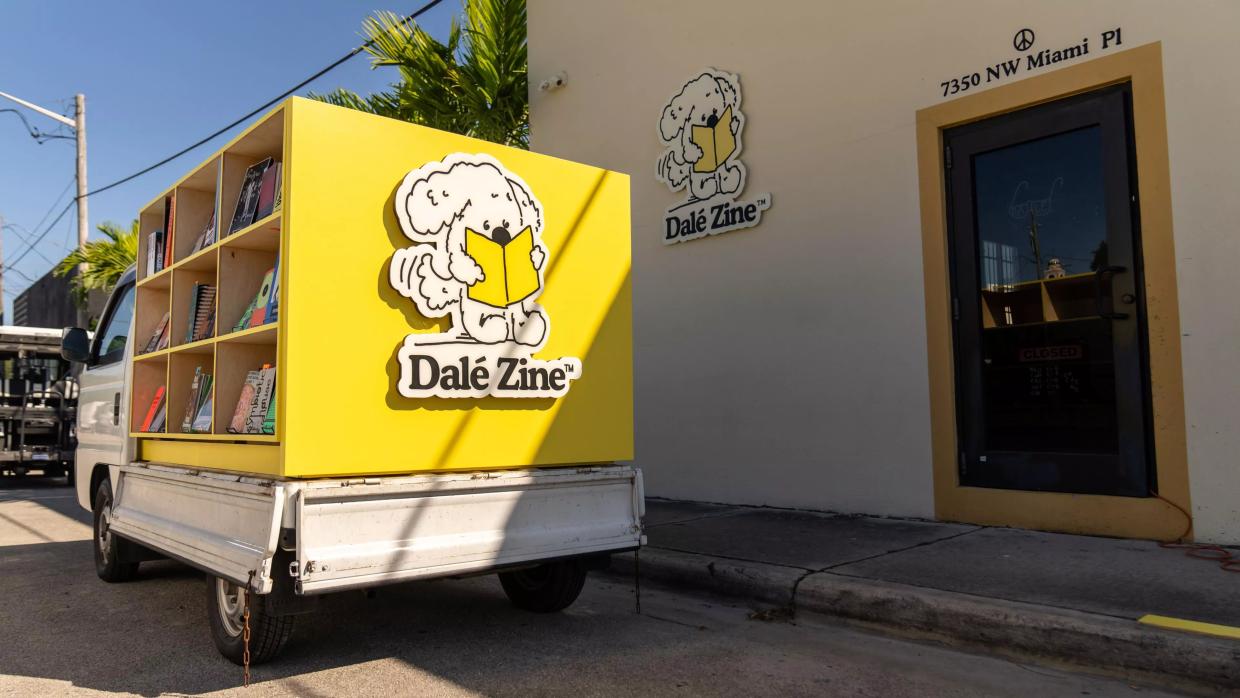 Dale Zine mobile bookstore parked in front of its storefront