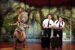 The three cast members of the Broadway musical The Book of Mormon