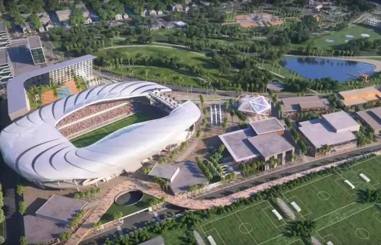 A CGI aerial view of Inter Miami's new soccer stadium