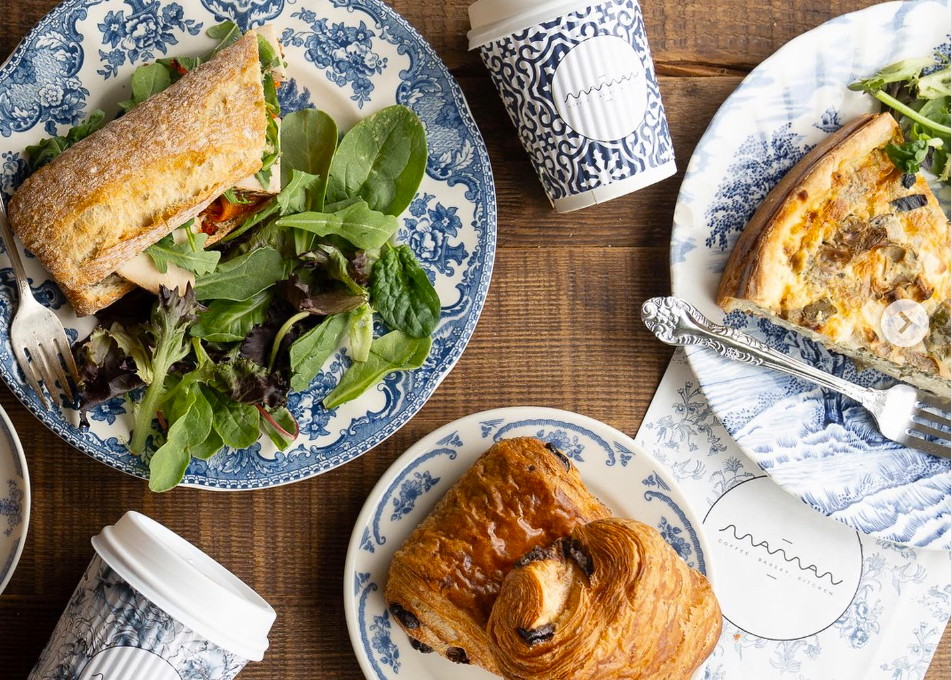 Food on blue plates
