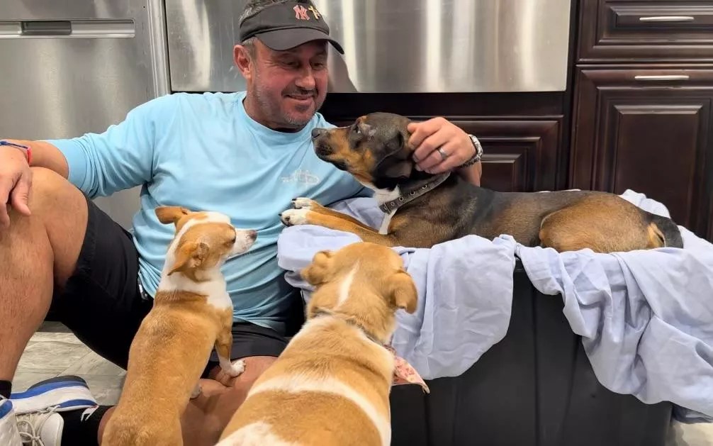 Margate mayor petting his dog while it recovers from surgery