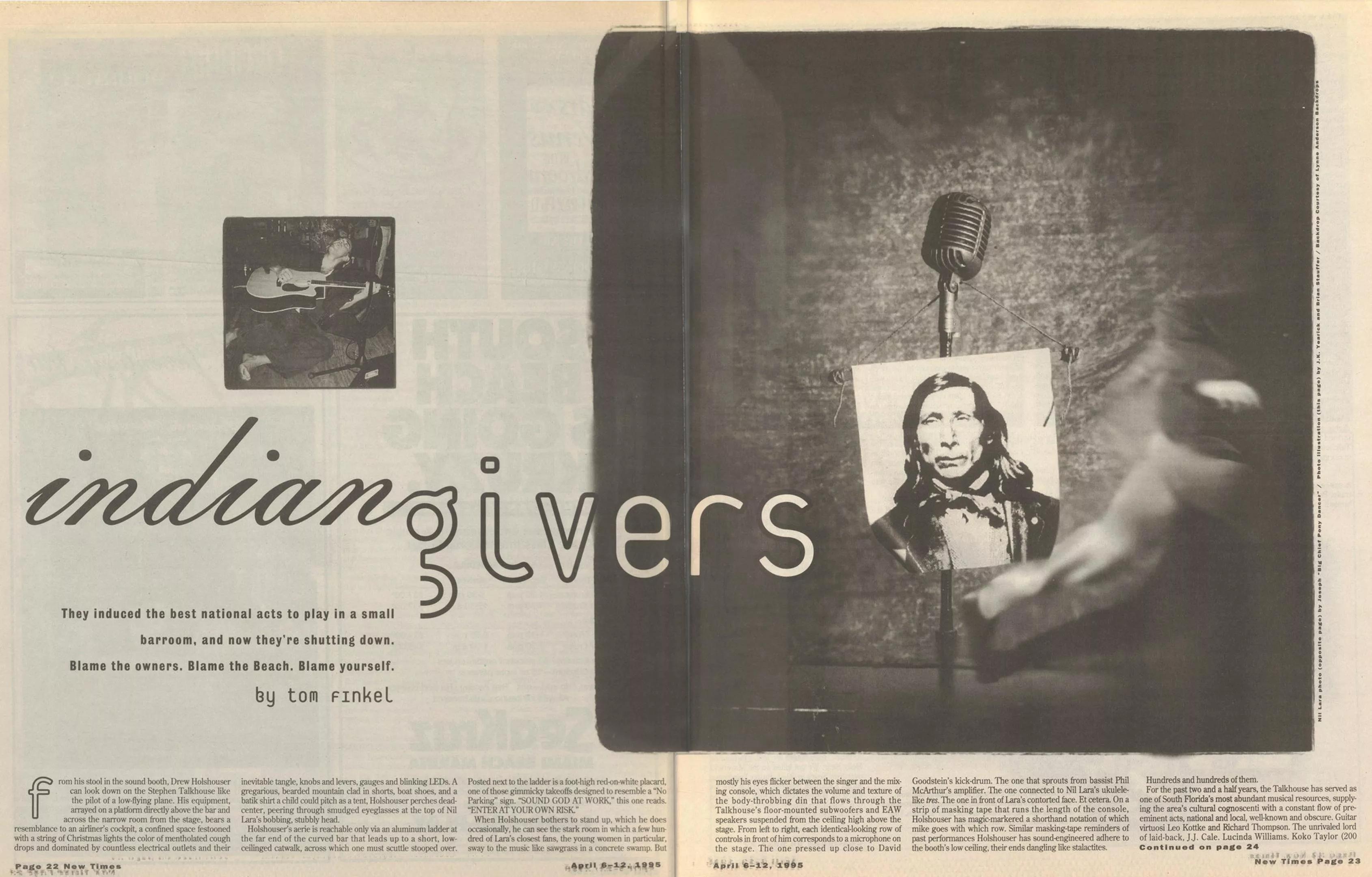 Reproduction of a tabloid newspaper feature spread, showing a blurred shadowy figure hurrying away from an old-style stand microphone from which hangs an archival photo of a Native American