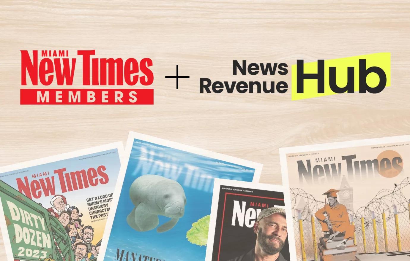 color photo of several print issues of Miami New Times, fanned out on a light-wood table