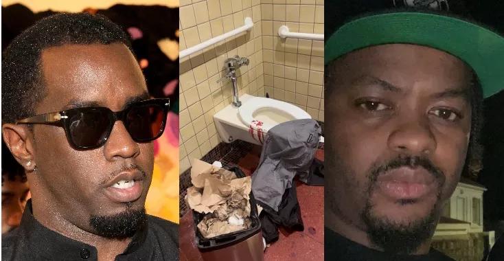 Rap mogul Diddy, side by side photo, next to a blood-covered toilet, next to producer Rodney Jones