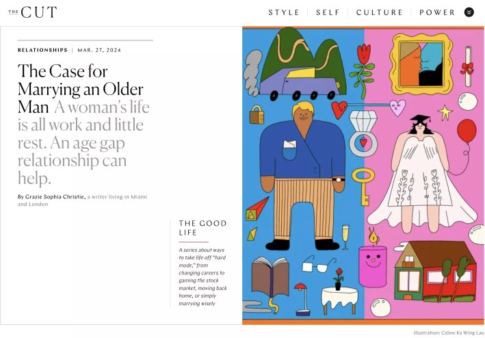 screenshot from New York magazine's website, The Cut, featuring an illustration of a man and a woman and their presumably happy, prosperous marriage — diamond ring, Winnebago-like traier, etc.