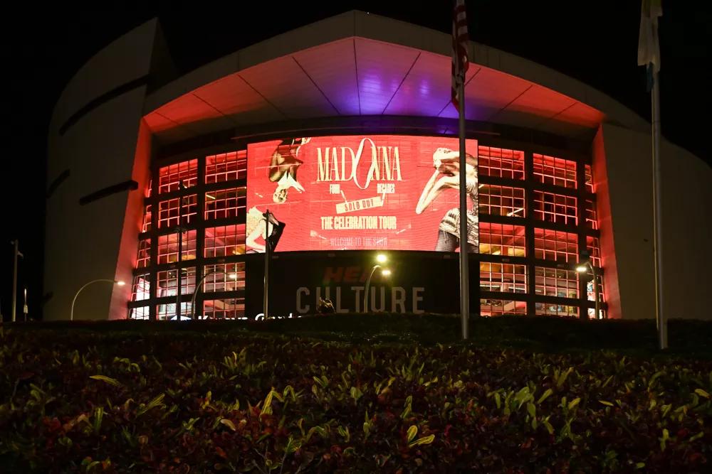 Kaseya Center with an LED display promoting the Madonna concert