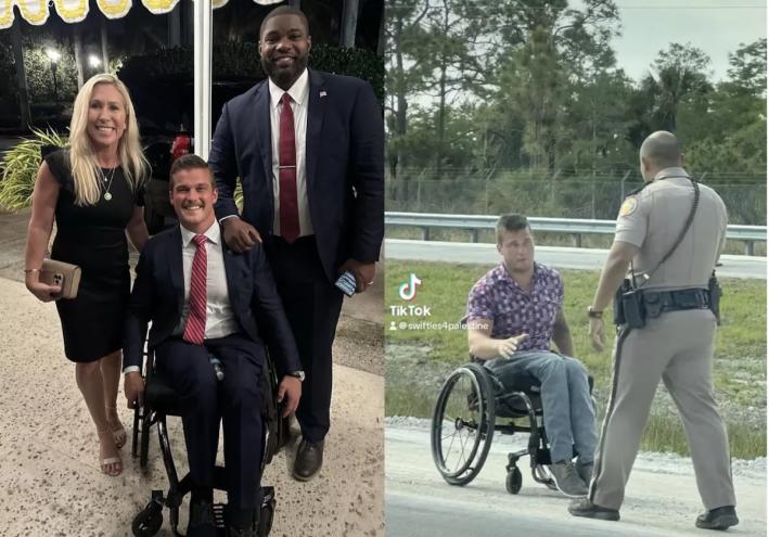 Madison Cawthorn is shown sitting in a wheelchair.