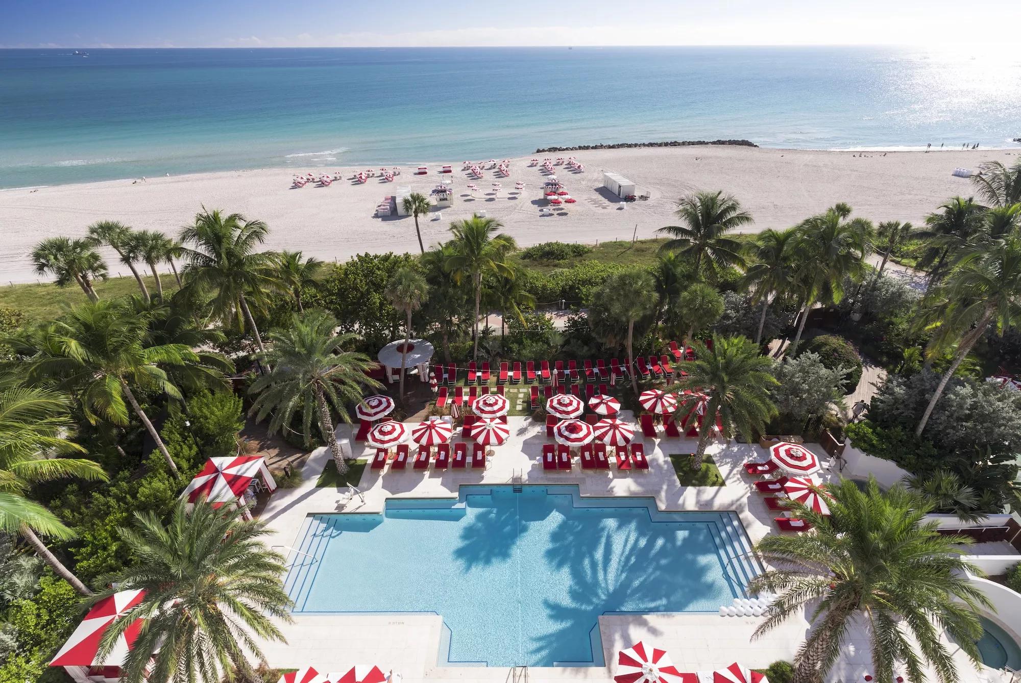An overhead shot of the pool and beach at the Faena Hotel Miami Beach