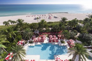 An overhead shot of the pool and beach at the Faena Hotel Miami Beach