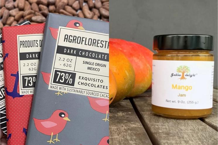 Chocolate bars and mangoes and jam