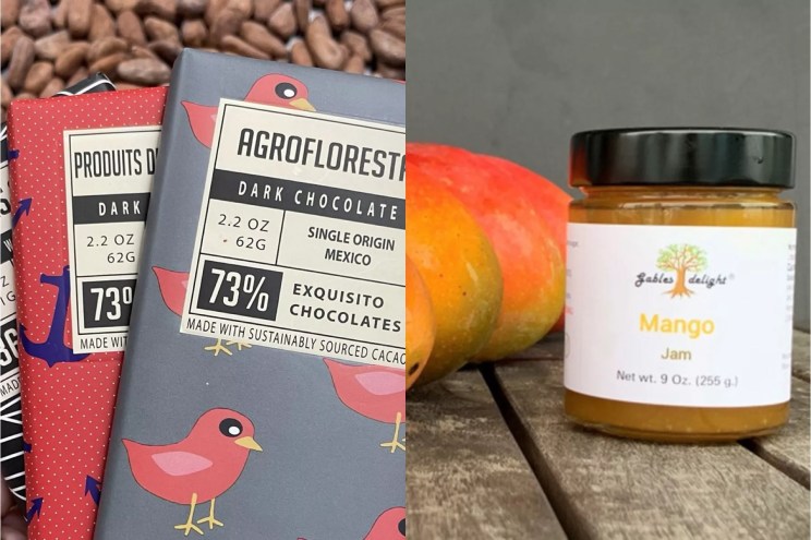 Chocolate bars and mangoes and jam