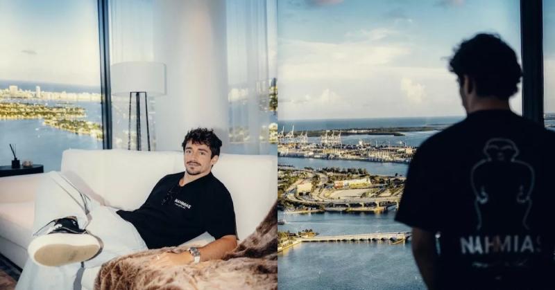 Formula 1 driver Charles Leclerc poses for photos inside a luxury condo unit in Miami's Edgewater neighborhood.