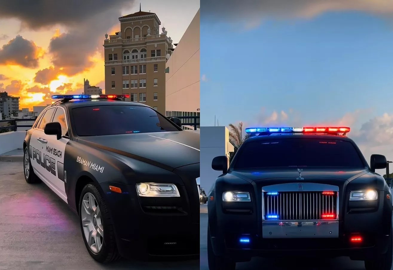 A sleek Rolls Royce emblazoned with the Miami Beach Police logo