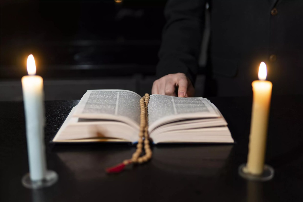 A bible surrounded by two candles
