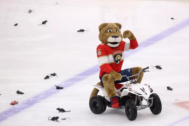 Florida Panthers mascot Stanley C. Panther drives his four-wheeler on the ice as he celebrates a 3-2 overtime victory against the New York Rangers at Amerant Bank Arena on May 28, 2024.