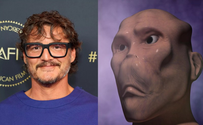 Actor, scholar Pedro Pascal alongside a crude digital rendering of an alien