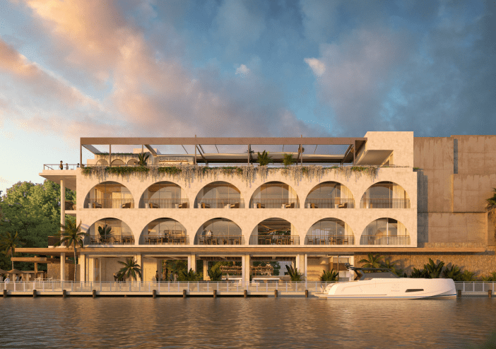 a restaurant rendering along a river