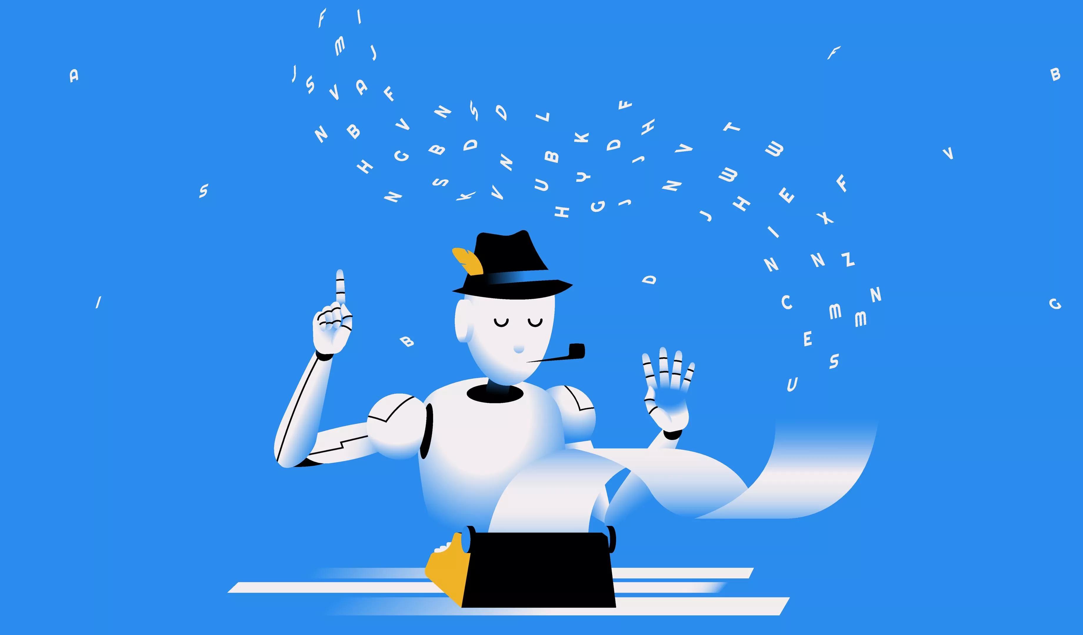 Cartoon of a robotic reporter at a typewriter