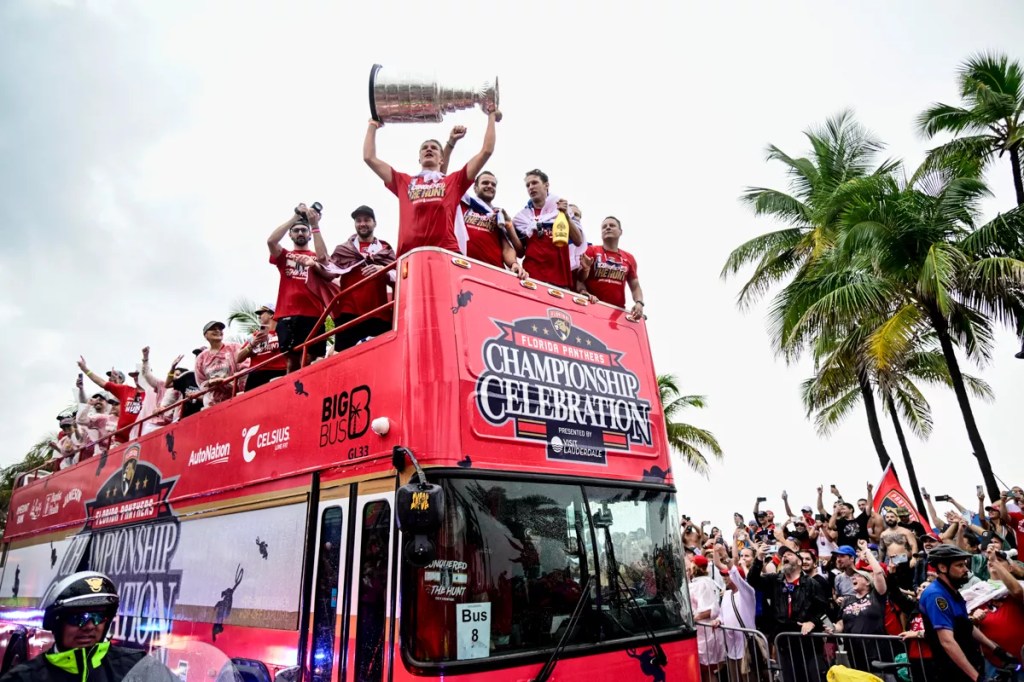 Hockey players celebrate a Stanley Cup Finals win.