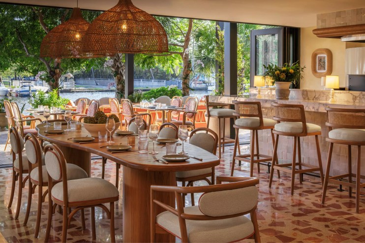 a dining room with marble bar