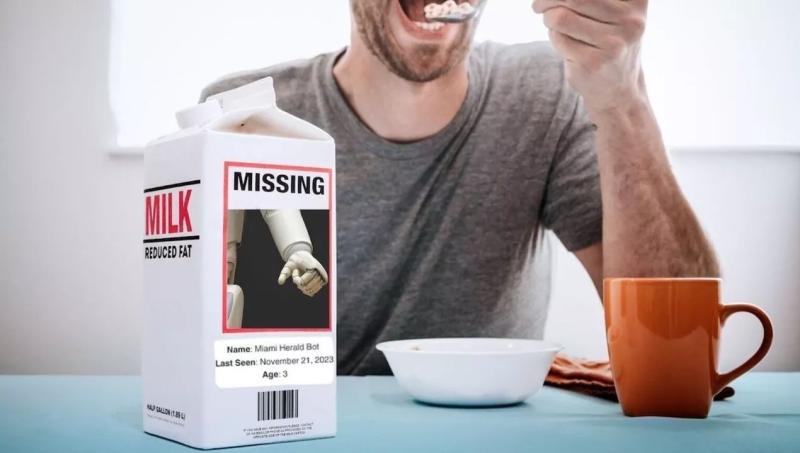 A robot's photo on a missing child milk carton alongside the words "Miami Herald Bot"