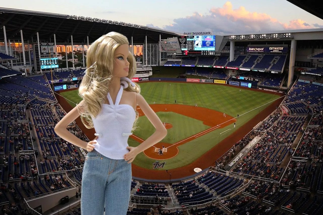 Image of Barbie superimposed on a photo of LoanDepot Park