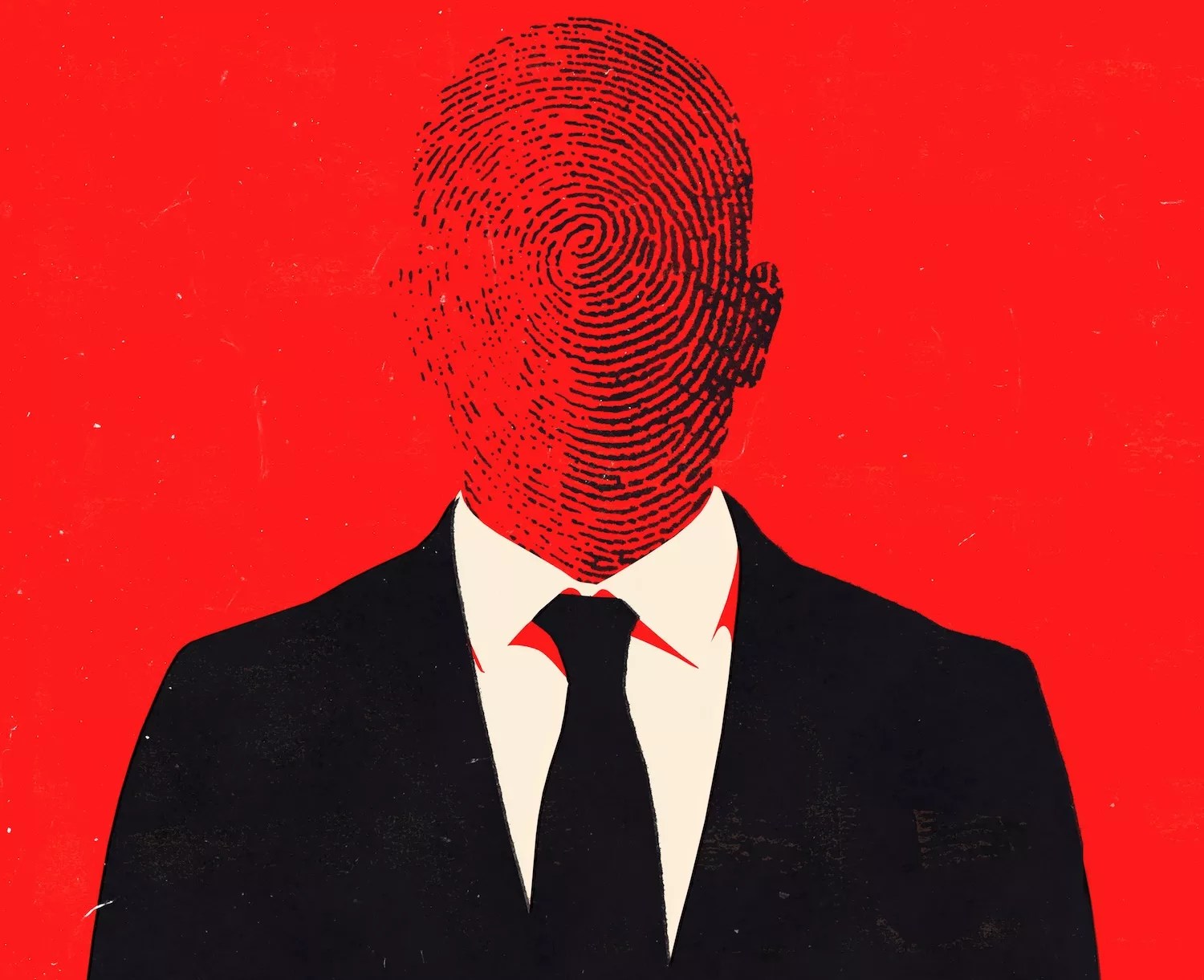 a person in a formal suit with a fingerprint pattern superimposed where the head should be, rendered in black against a red background.