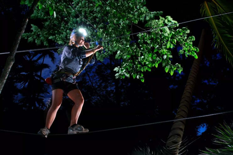 A woman trekking between trees