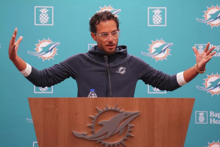 Miami Dolphins head coach Mike Mcdaniel speaks to the media prior to a joint practice with the Atlanta Falcons on August 07, 2024 in Miami Gardens, Florida.