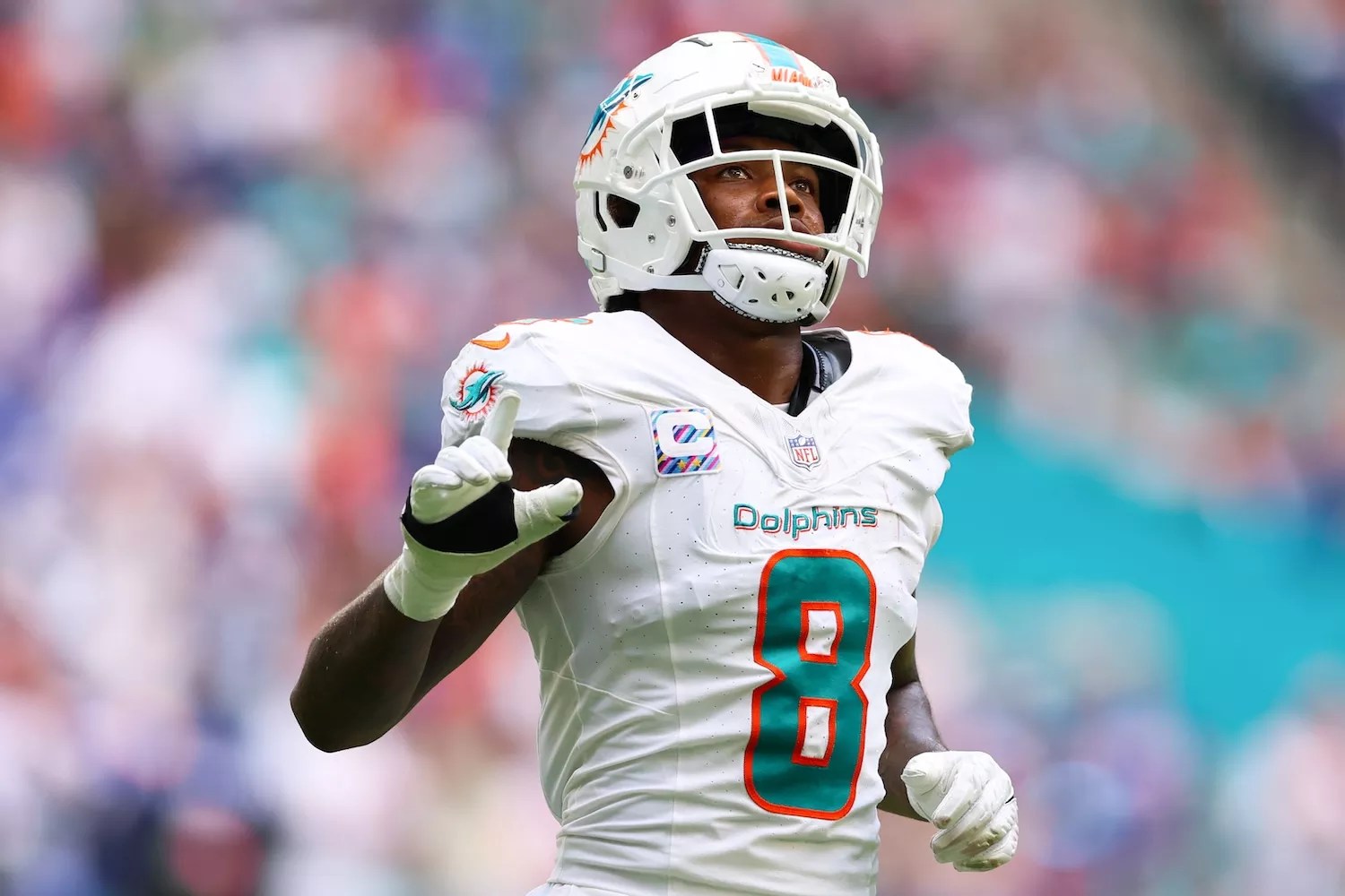 Jevon Holland #8 of the Miami Dolphins reacts after breaking up a pass against the New York Giants during the fourth quarter at Hard Rock Stadium on October 08, 2023 in Miami Gardens, Florida