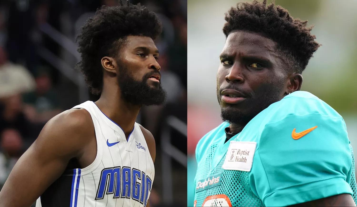 split screen of two sports players